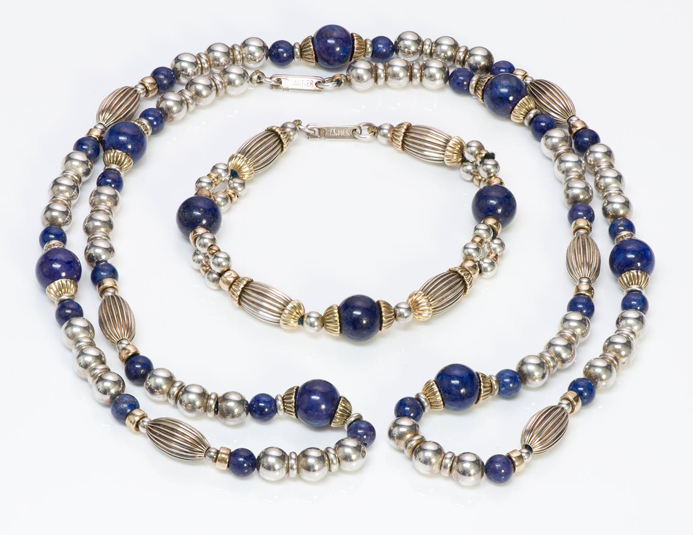 Cartier Silver Gold Lapis Bead Necklace Bracelet - DSF Antique Jewelry