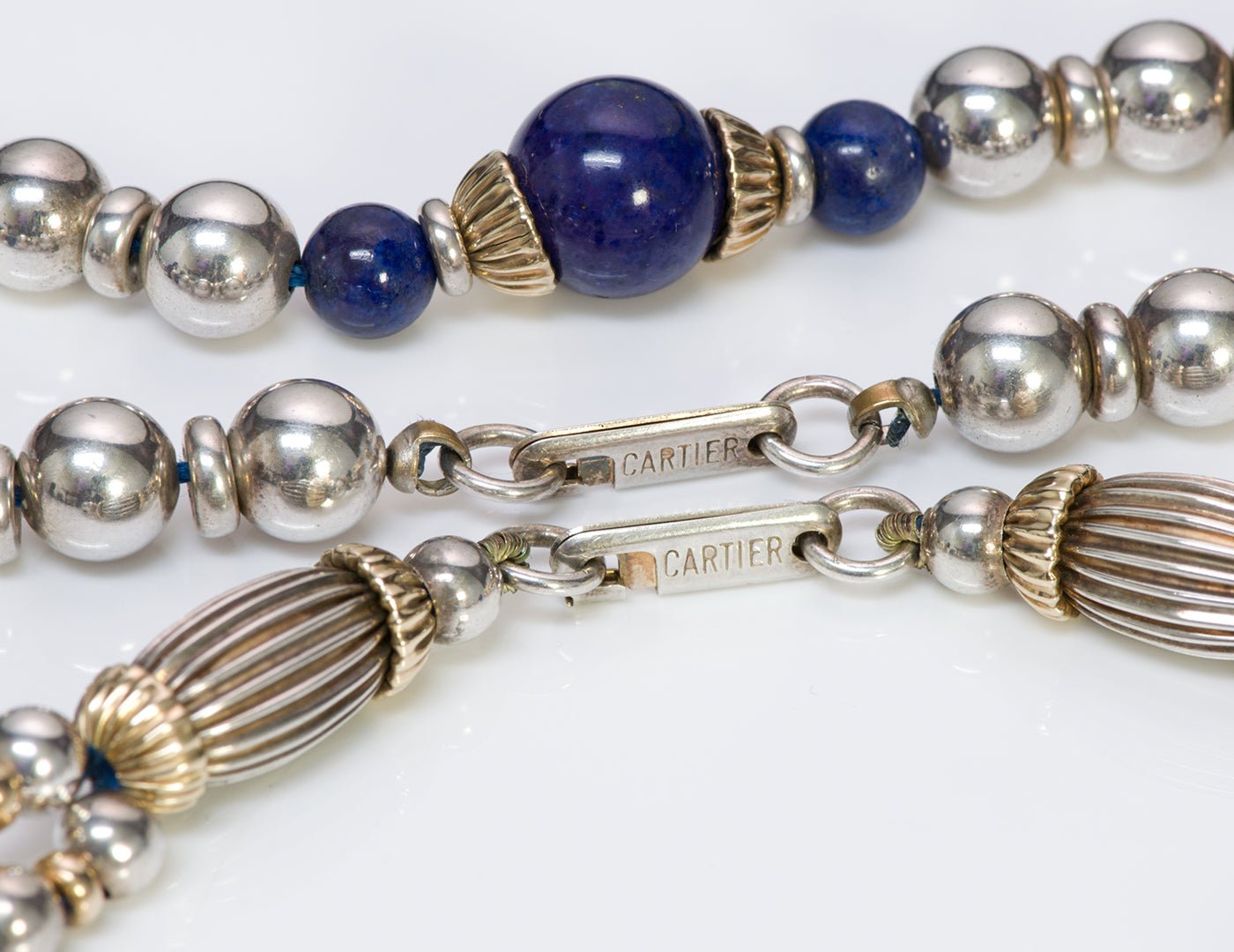 Cartier Silver Gold Lapis Bead Necklace Bracelet