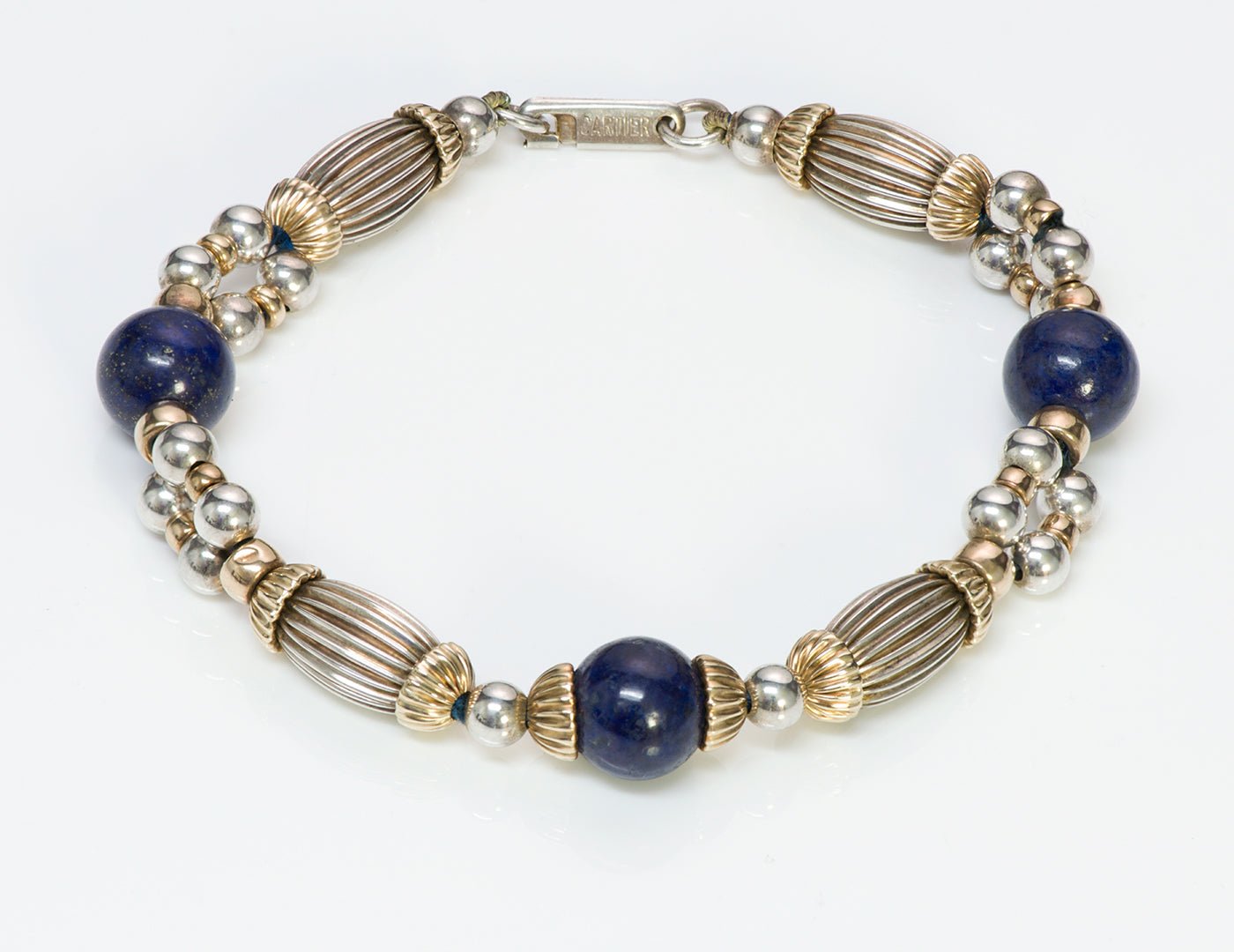 Cartier Silver Gold Lapis Bead Necklace Bracelet