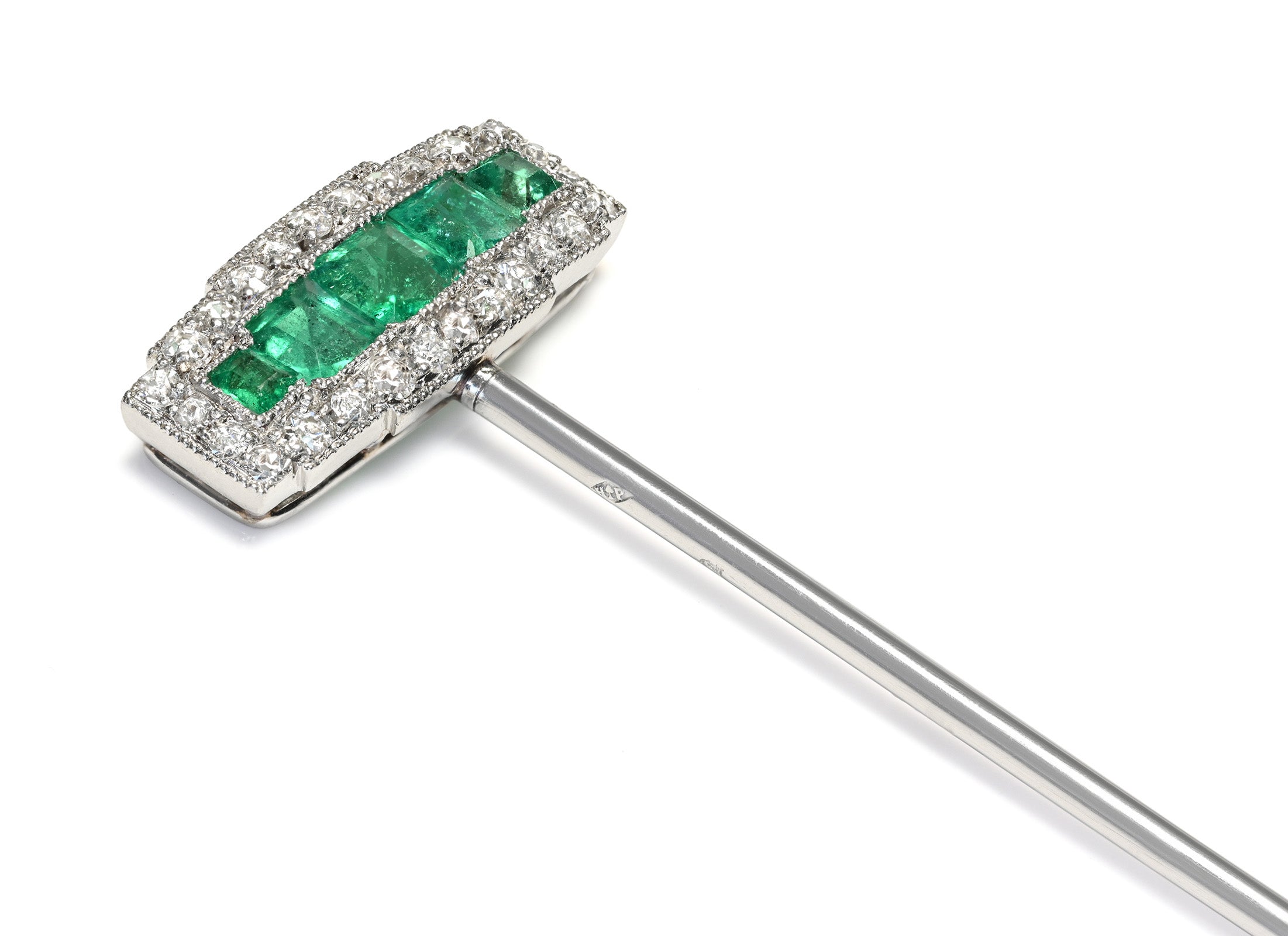 Henri Picq Cartier Platinum Emerald Diamond Stick Pin 