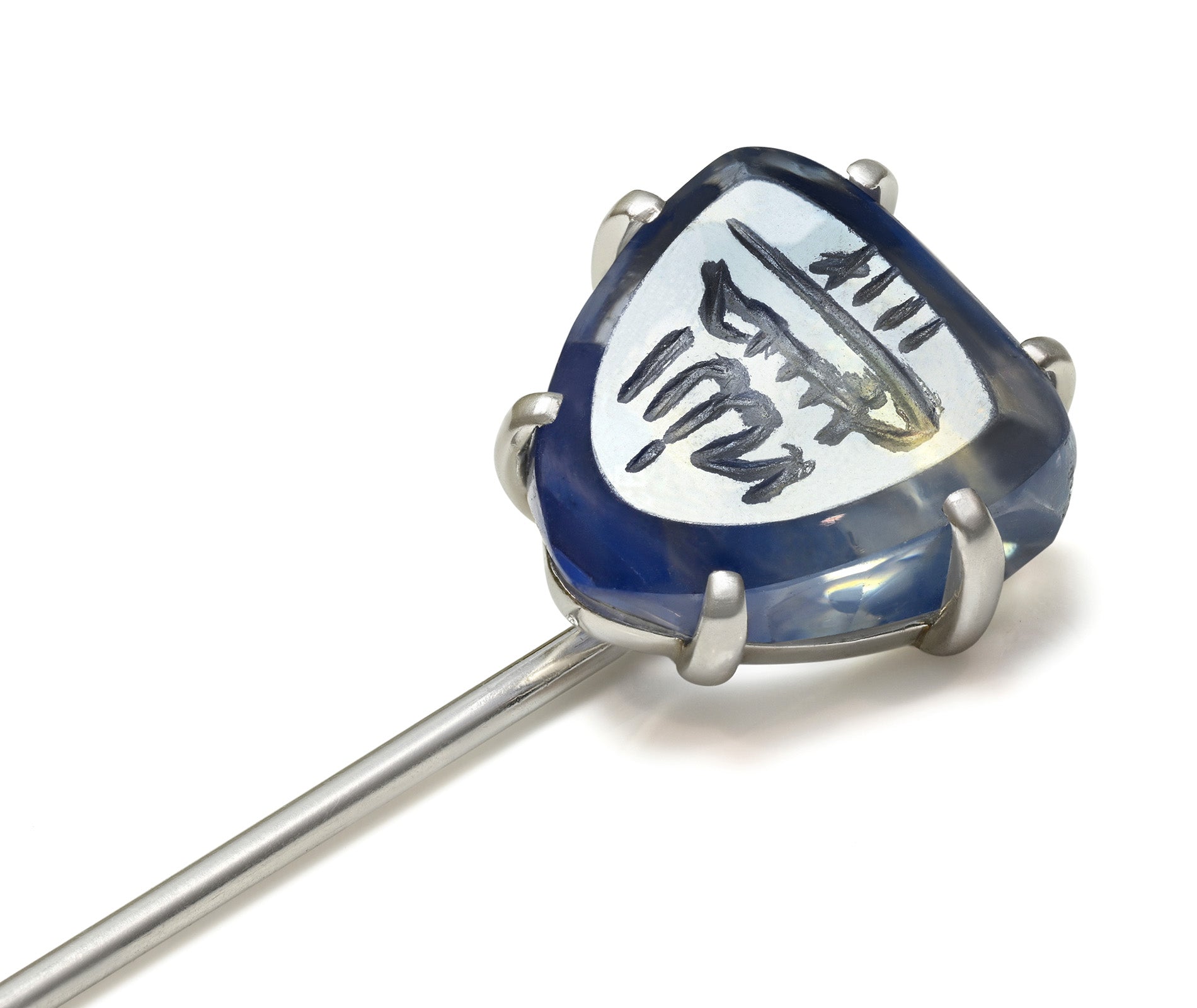Rare Cartier by Henri Picq Platinum Carved Sapphire Intaglio Stick Pin