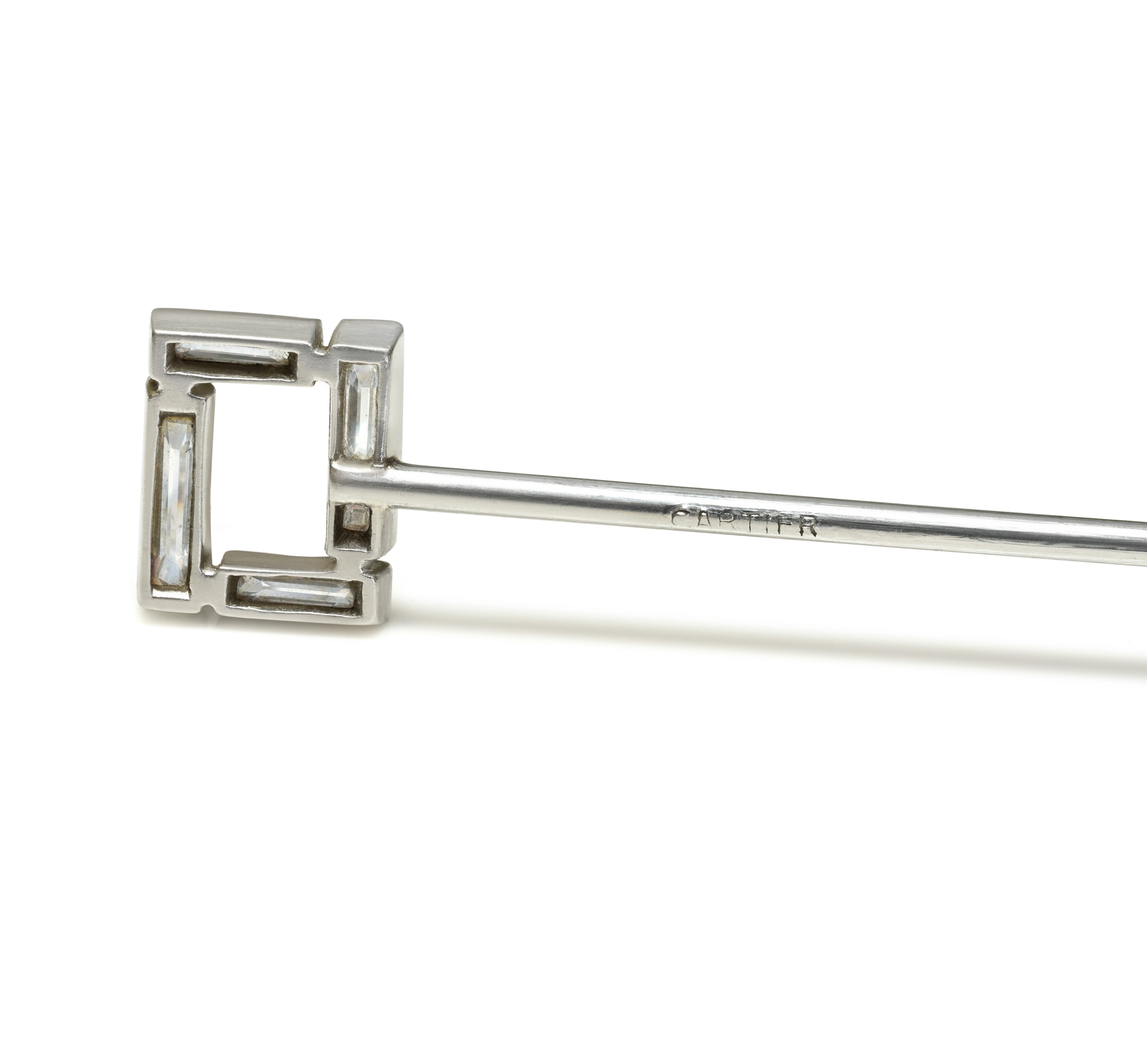 Cartier Art Deco Geometric Baguette Diamond Stick Pin in Platinum