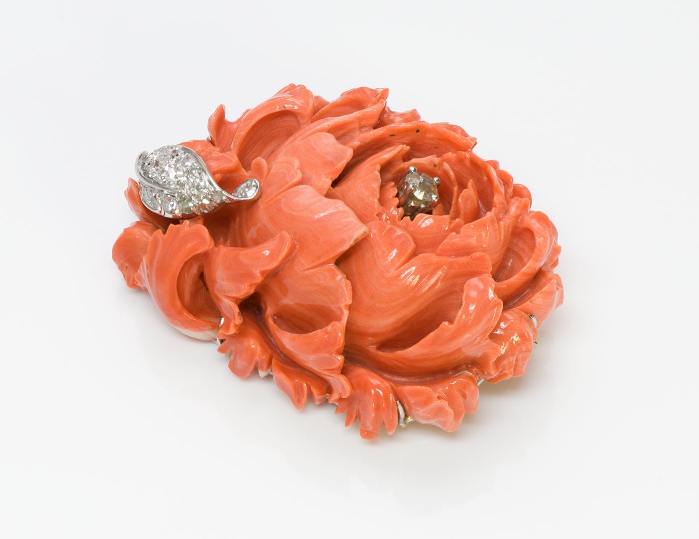 Carved Coral Diamond Chrysanthemum Brooch - DSF Antique Jewelry