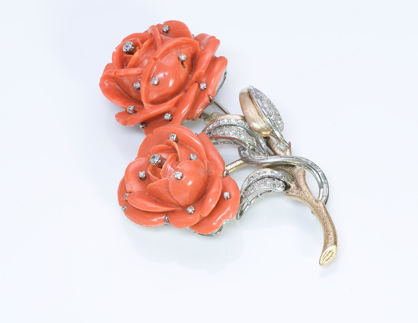 Carved Coral Rose 18K Gold Diamond Brooch - DSF Antique Jewelry