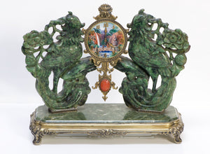 Carved Nephrite Jade Silver and Enamel Clock