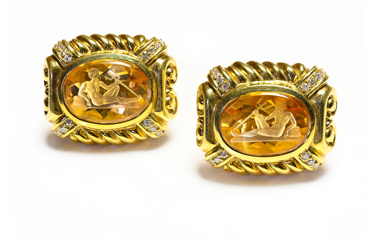 Diamond Carved Poseidon Neptune Citrine 18K Gold Earrings