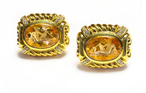 Diamond Carved Poseidon Neptune Citrine 18K Gold Earrings