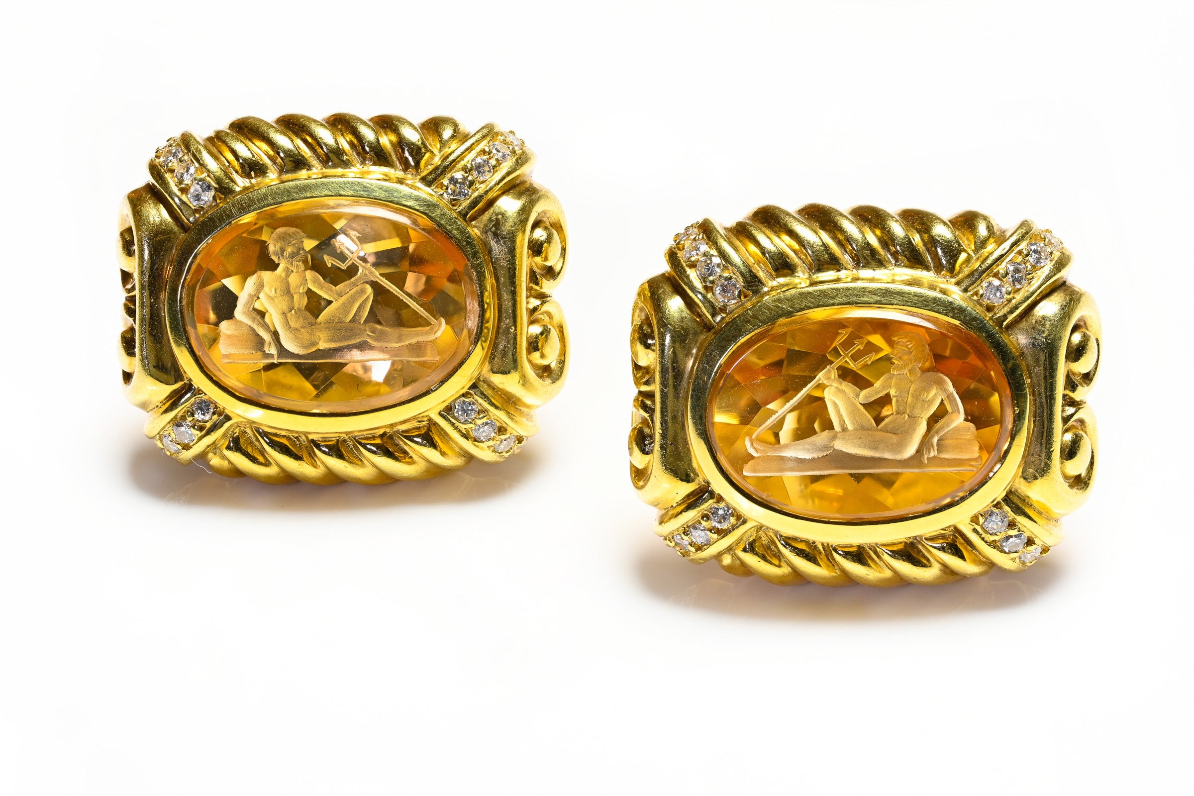 Diamond Carved Poseidon Citrine 18K Gold Earrings