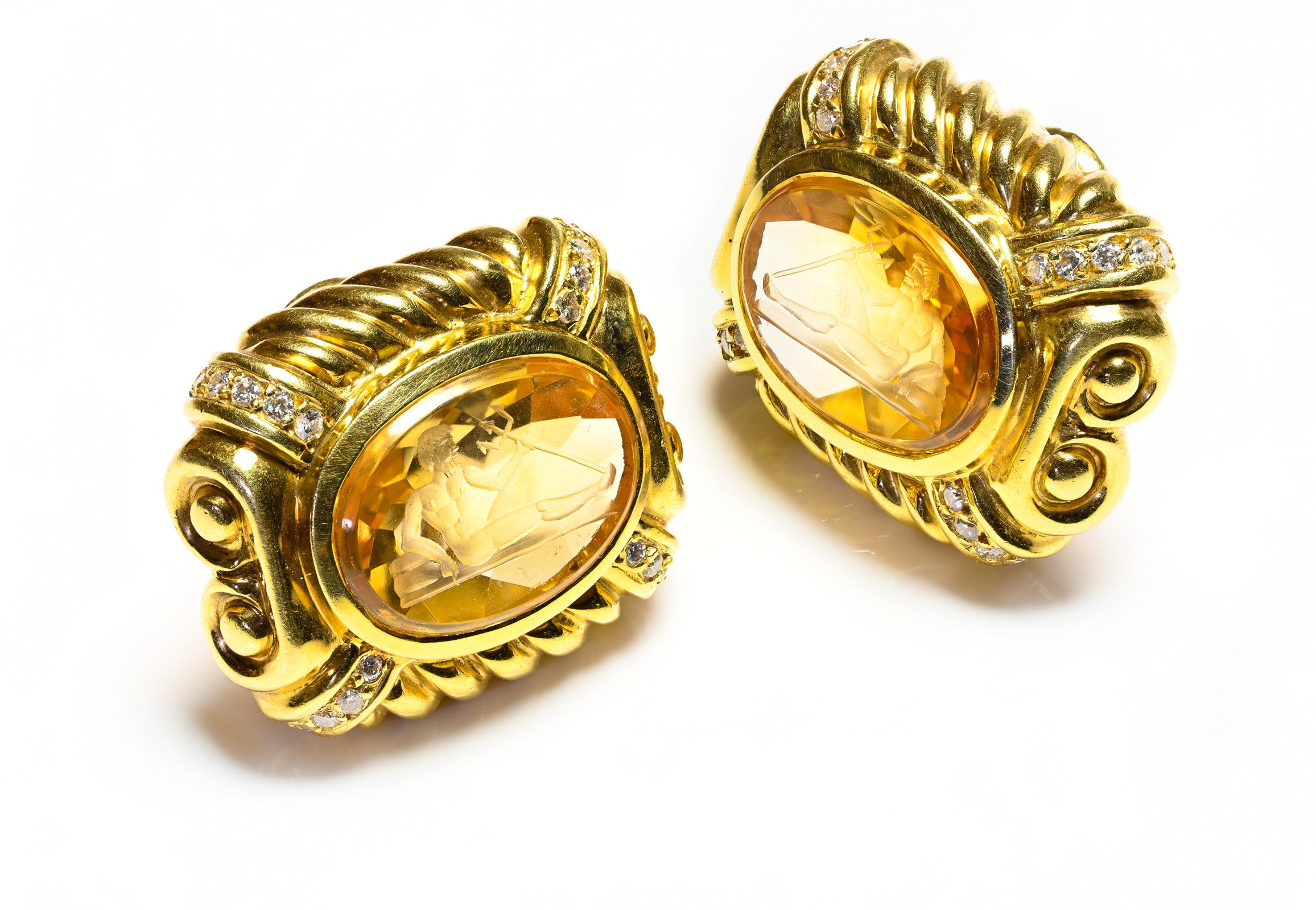 Diamond Carved Poseidon Neptune Citrine Gold Earrings