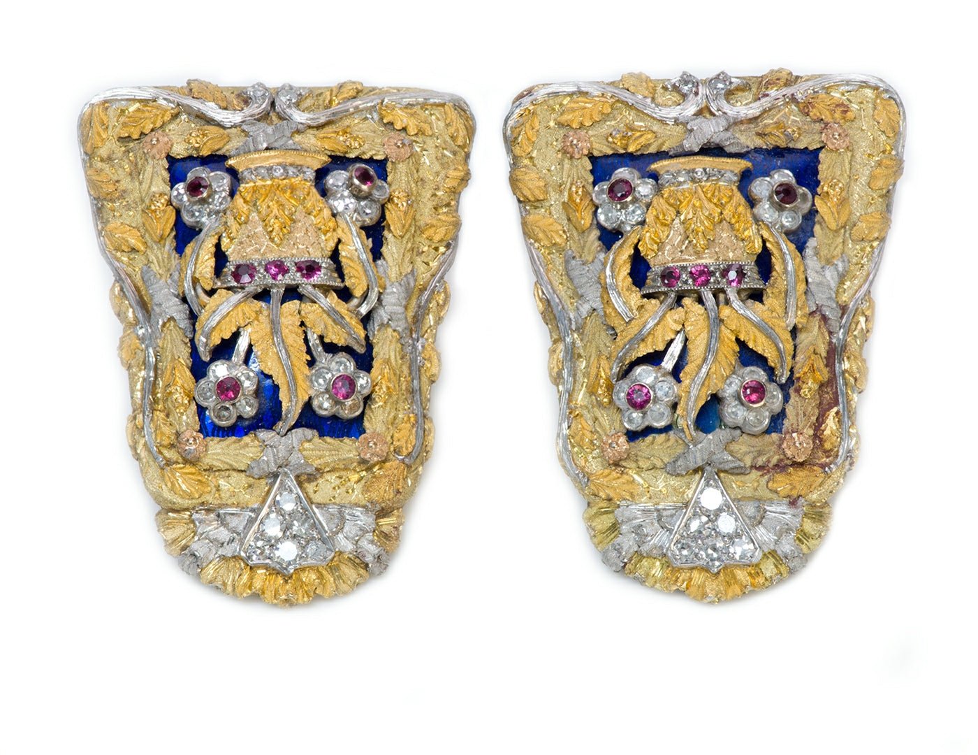 Cazzaniga 18K Gold Diamond Ruby Enamel Earrings - DSF Antique Jewelry