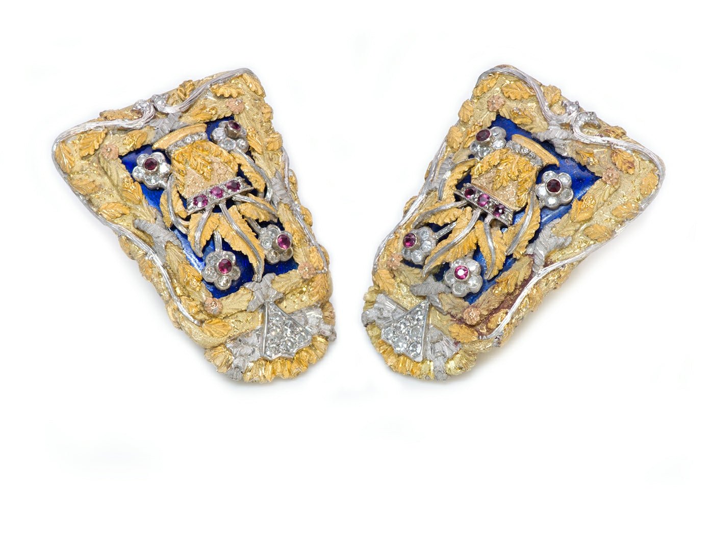 Cazzaniga 18K Gold Diamond Ruby Enamel Earrings - DSF Antique Jewelry