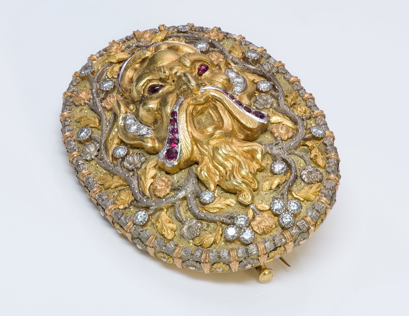 Cazzaniga Zeus Greek Roman Mythology 18K Gold Ruby Diamond Brooch