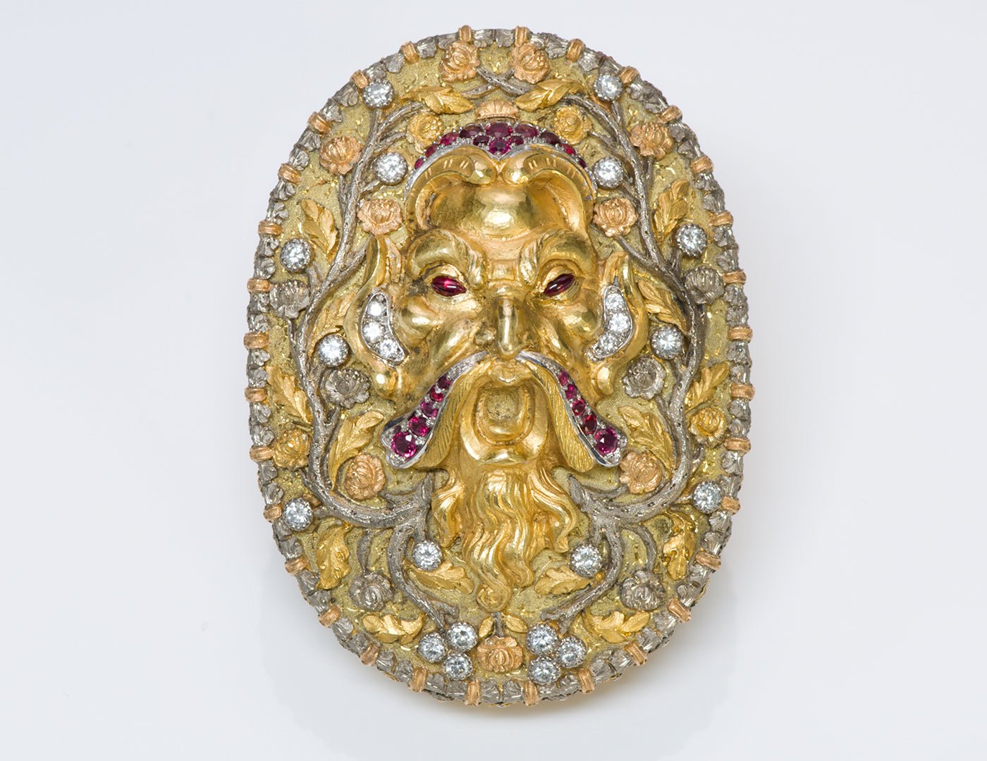 Cazzaniga Zeus Greek Roman Mythology 18K Gold Ruby Diamond Brooch - DSF Antique Jewelry