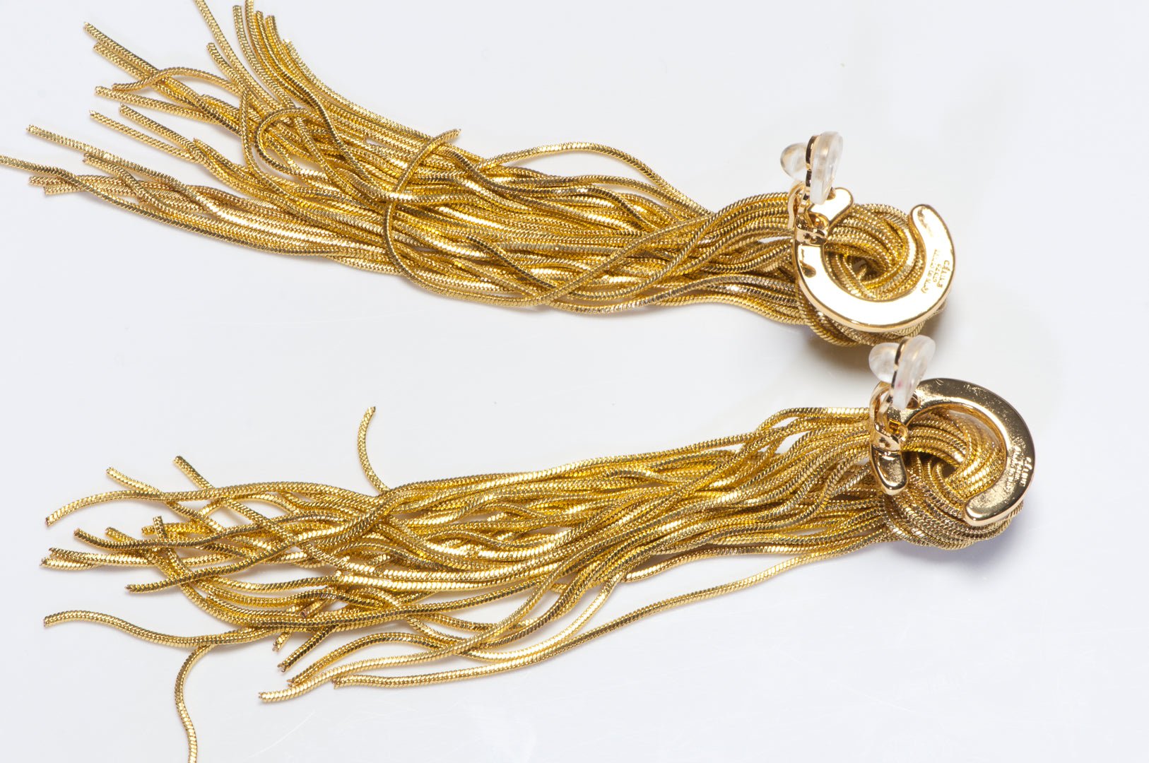 Celine Paris Long Gold Plated Knot Tassel Shoulder Duster Earrings