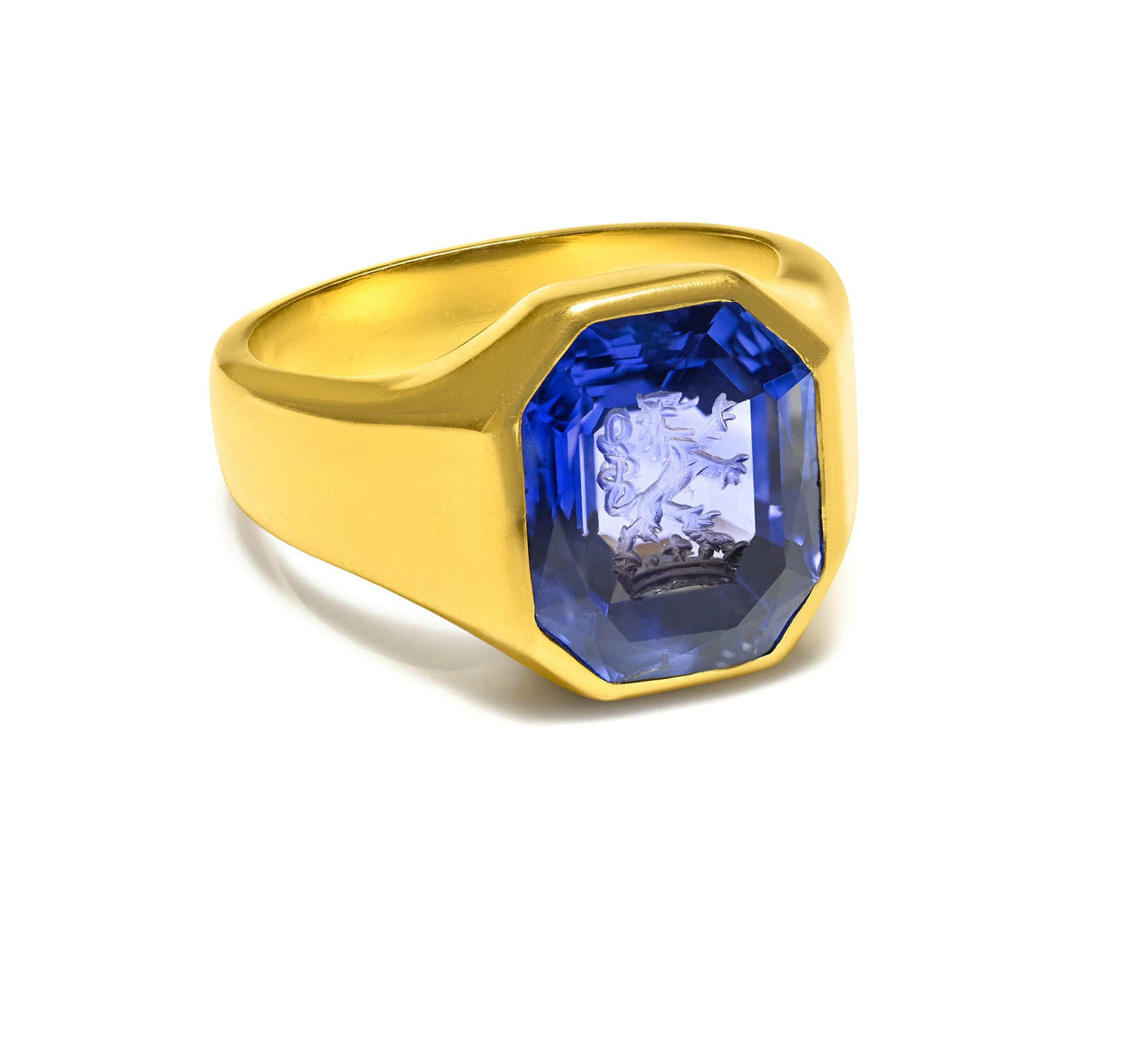 AGL Certified No Heat Ceylon Sapphire Men's Ring – 18K Gold Heraldic Lion Crest Crown