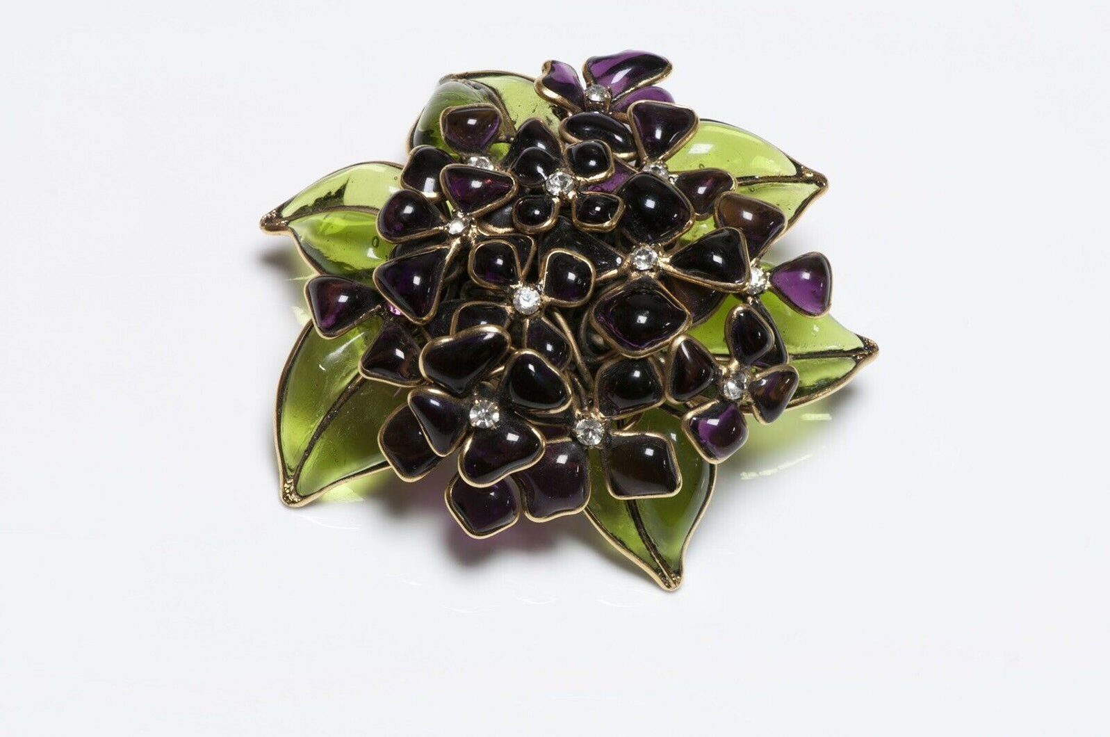 CHANEL 1950’s Gripoix Glass Violets Flower Brooch - DSF Antique Jewelry