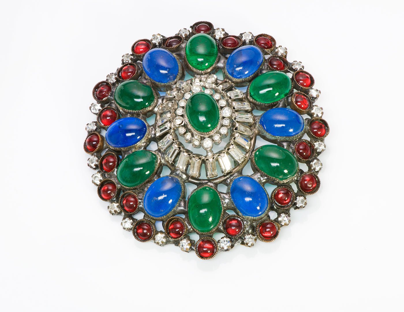 Chanel 1950's Maison GRIPOIX Blue Green Red Glass Brooch - DSF Antique Jewelry