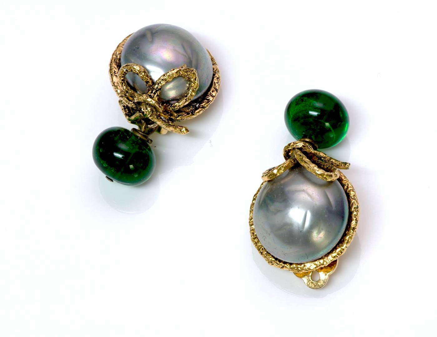 Chanel 1970’s Gray Pearl Green Gripoix Glass Earrings