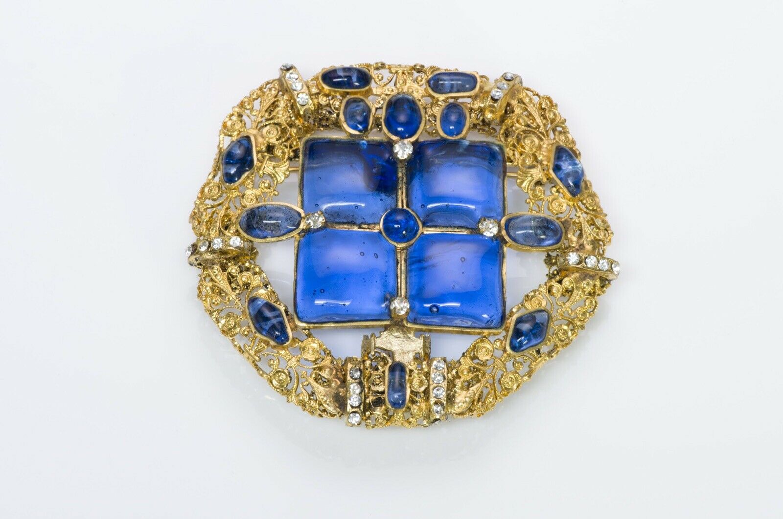 Chanel 1970’s Gripoix Blue Glass Byzantine Style Pendant Brooch - DSF Antique Jewelry