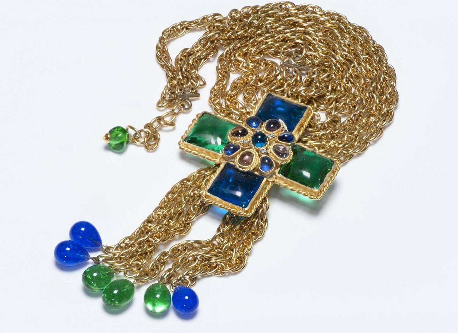 CHANEL 1970’s Gripoix Green Blue Glass Cross Chain Pendant Necklace