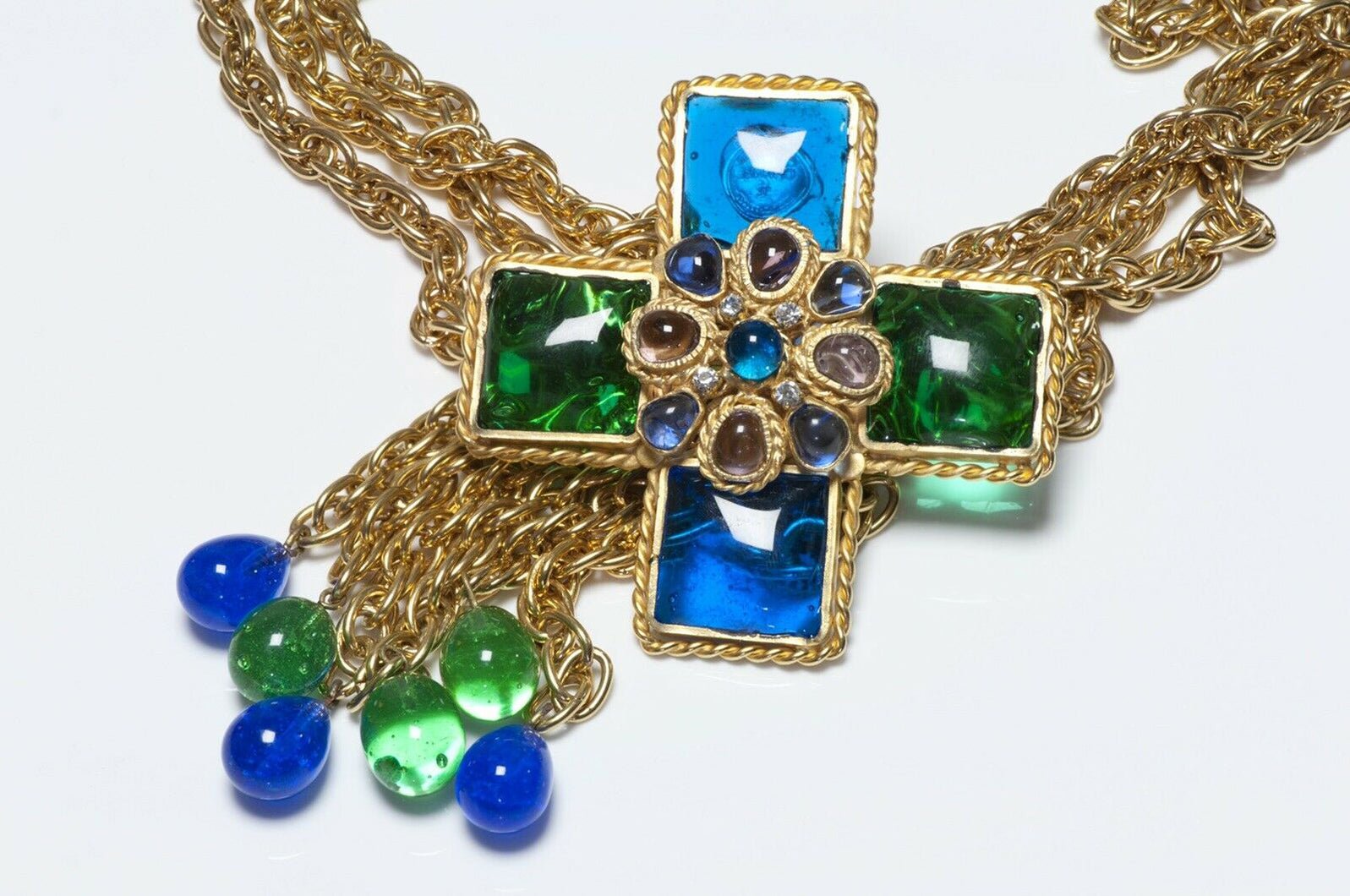 CHANEL 1970’s Gripoix Green Blue Glass Cross Chain Pendant Necklace