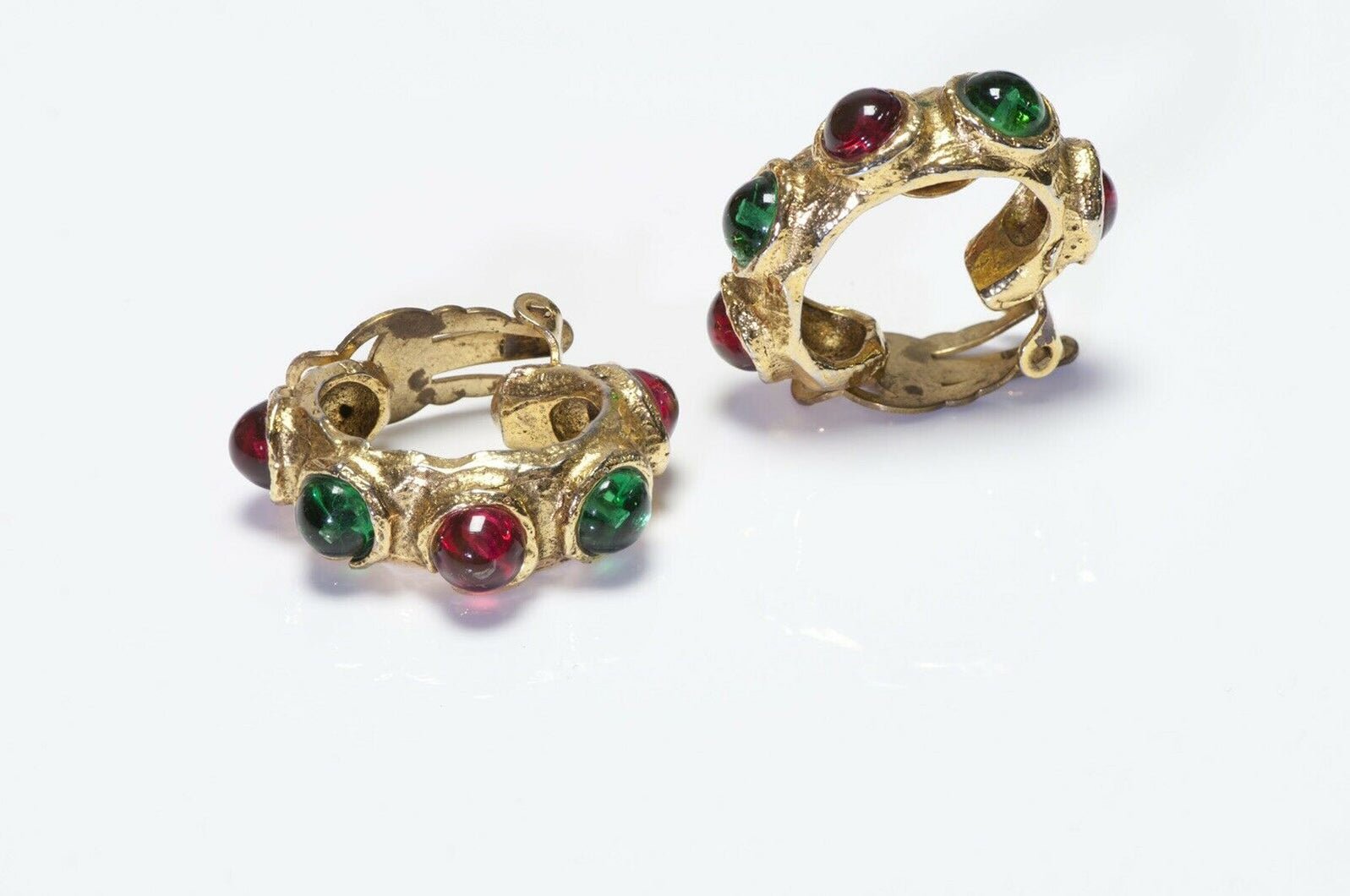 CHANEL 1970’s Gripoix Green Red Glass Hoop Earrings