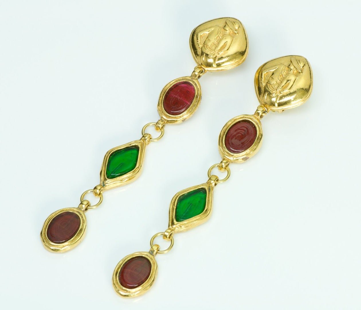 CHANEL 1970’s Gripoix Red Green Glass Coco Mademoiselle Earrings - DSF Antique Jewelry