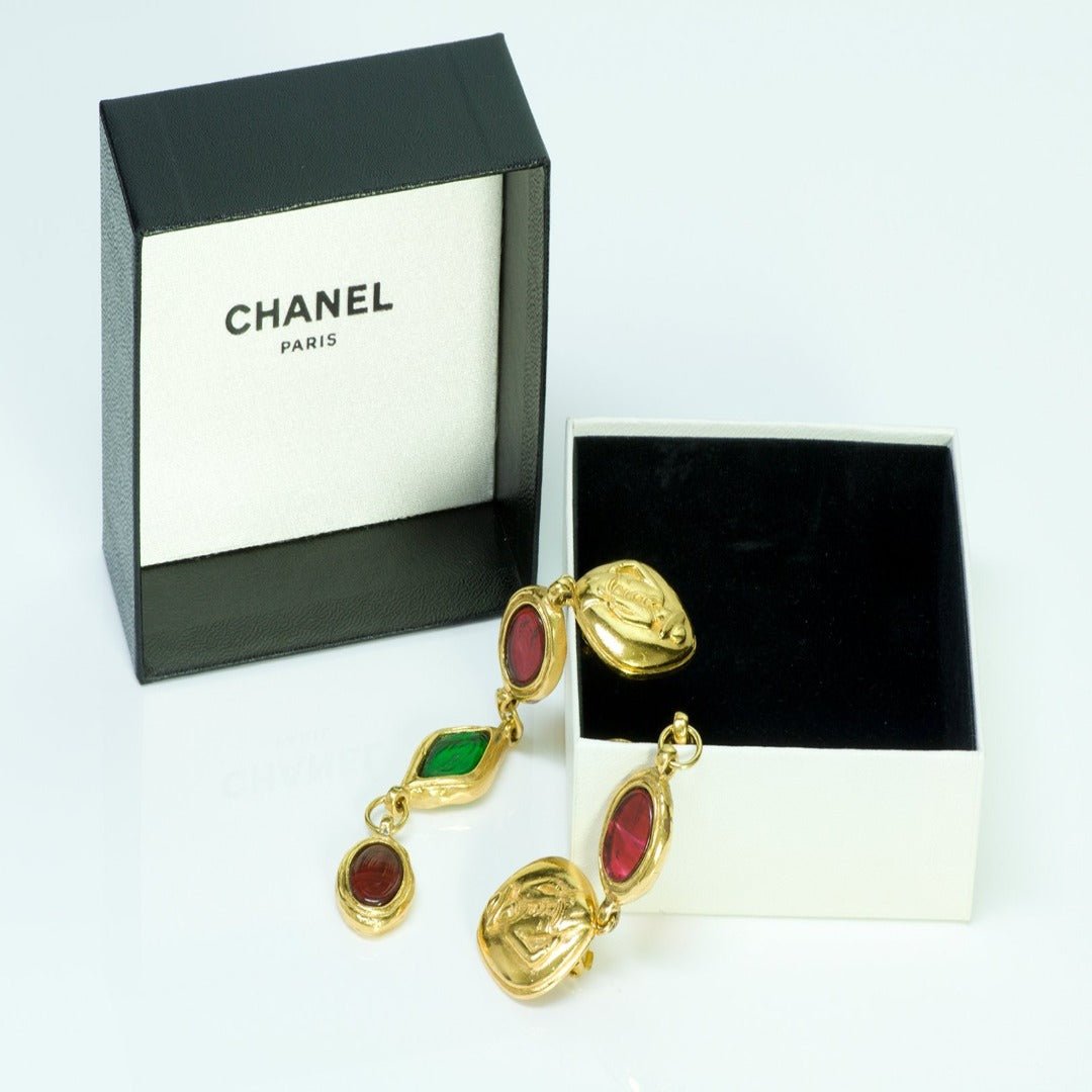 CHANEL 1970’s Gripoix Red Green Glass Coco Mademoiselle Earrings