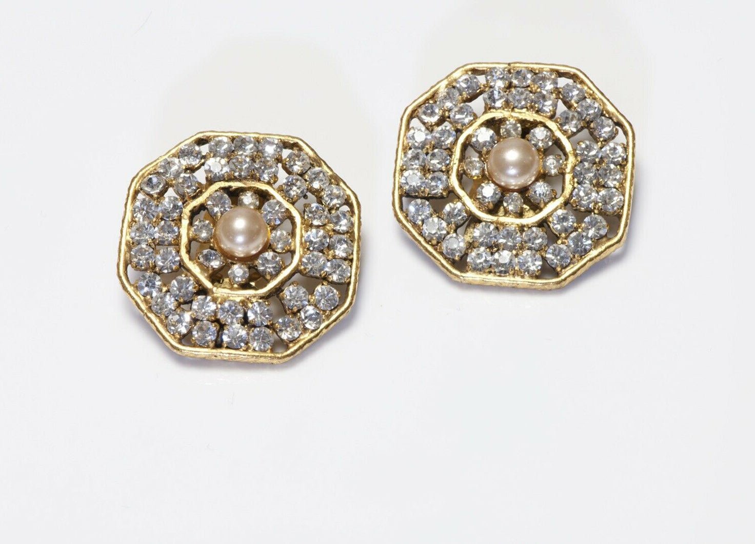 CHANEL 1970’s Octagonal Crystal Brown Pearl Earrings