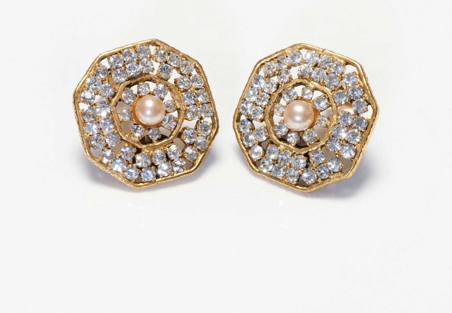 CHANEL 1970’s Octagonal Crystal Brown Pearl Earrings