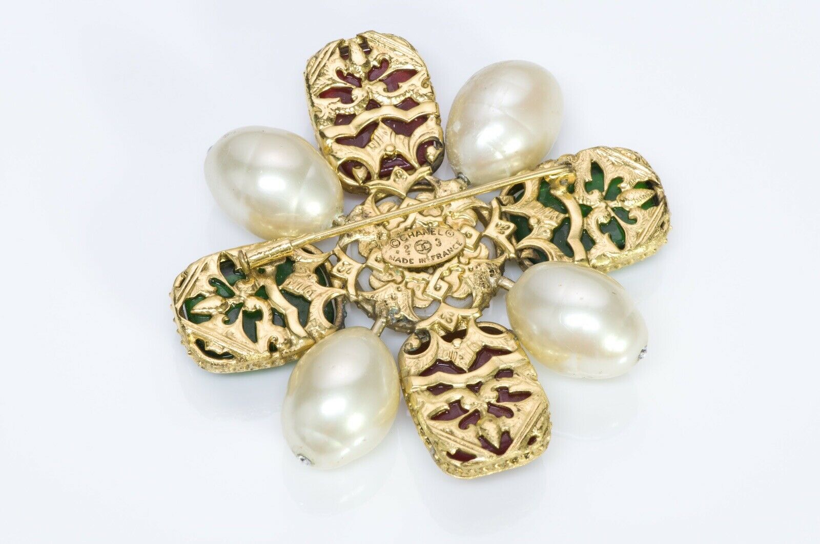 Chanel 1980’s Byzantine Style Gripoix Glass Pearl Brooch