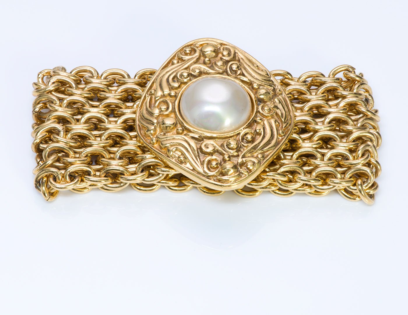 Chanel 1980’s Byzantine Style Wide Pearl Metal Chain Bracelet