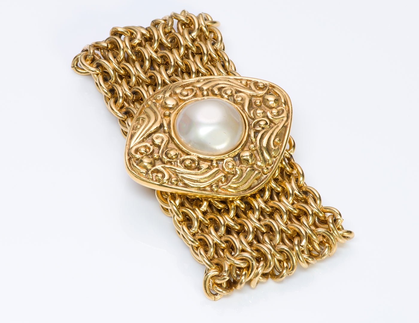 Chanel 1980’s Byzantine Style Wide Pearl Metal Chain Bracelet - DSF Antique Jewelry