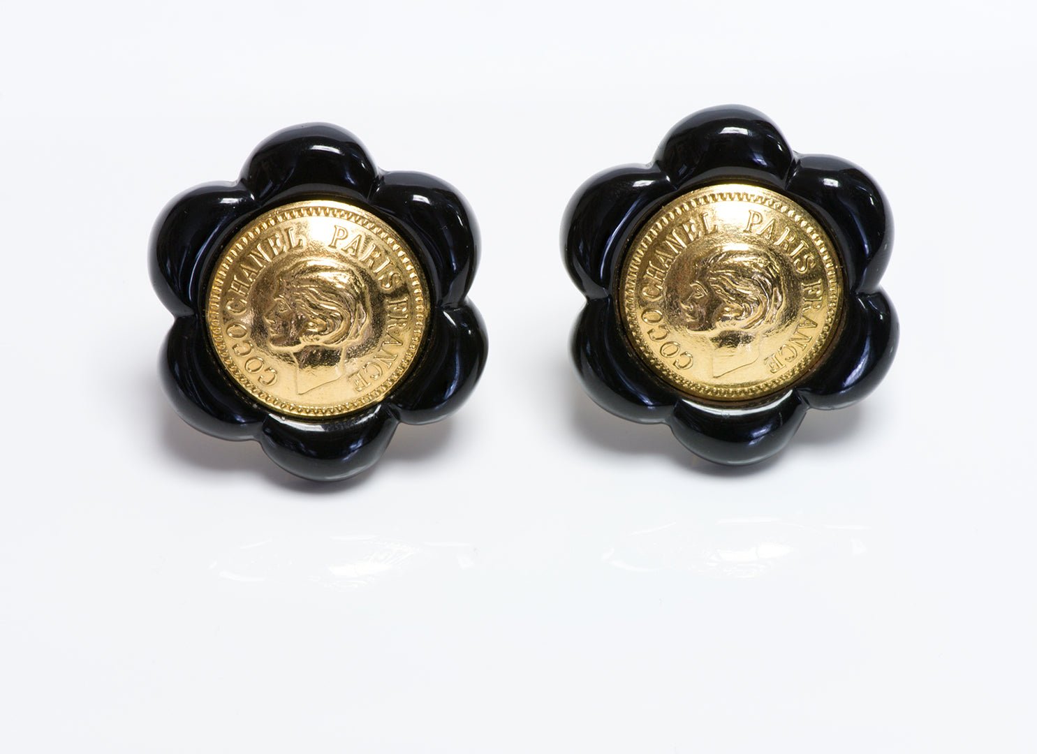 CHANEL 1980’s Coco Mademoiselle Coin Black Camellia Flower Earrings - DSF Antique Jewelry
