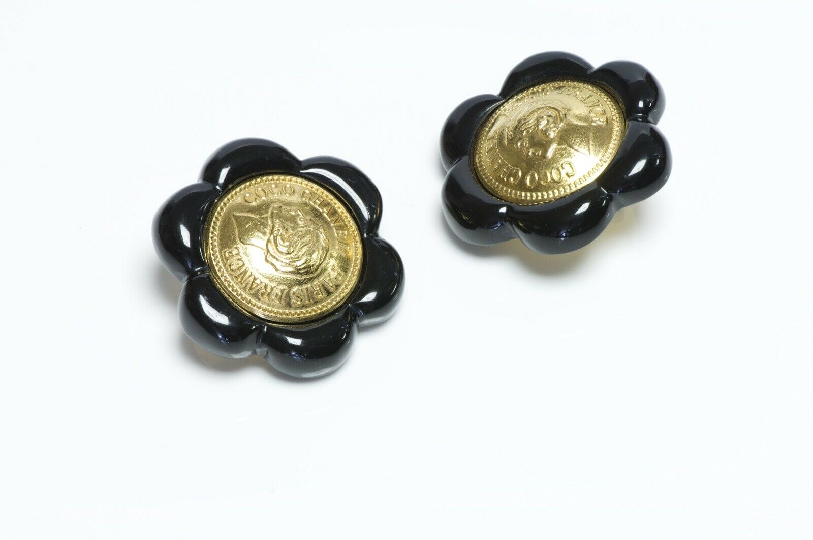 CHANEL 1980’s Coco Mademoiselle Coin Black Camellia Flower Earrings