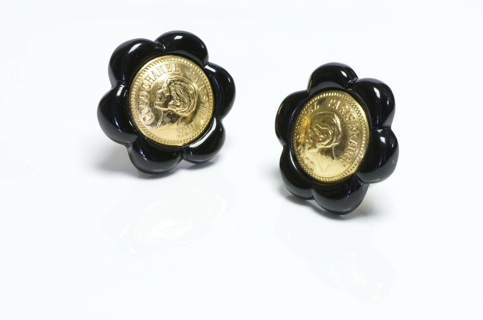 CHANEL 1980’s Coco Mademoiselle Coin Black Camellia Flower Earrings