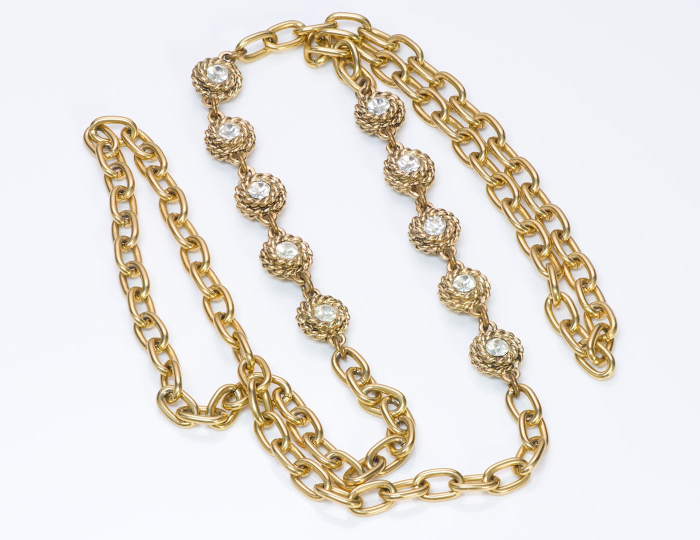 Chanel 1980’s Gold Tone Chain Camellia Crystal Necklace - DSF Antique Jewelry