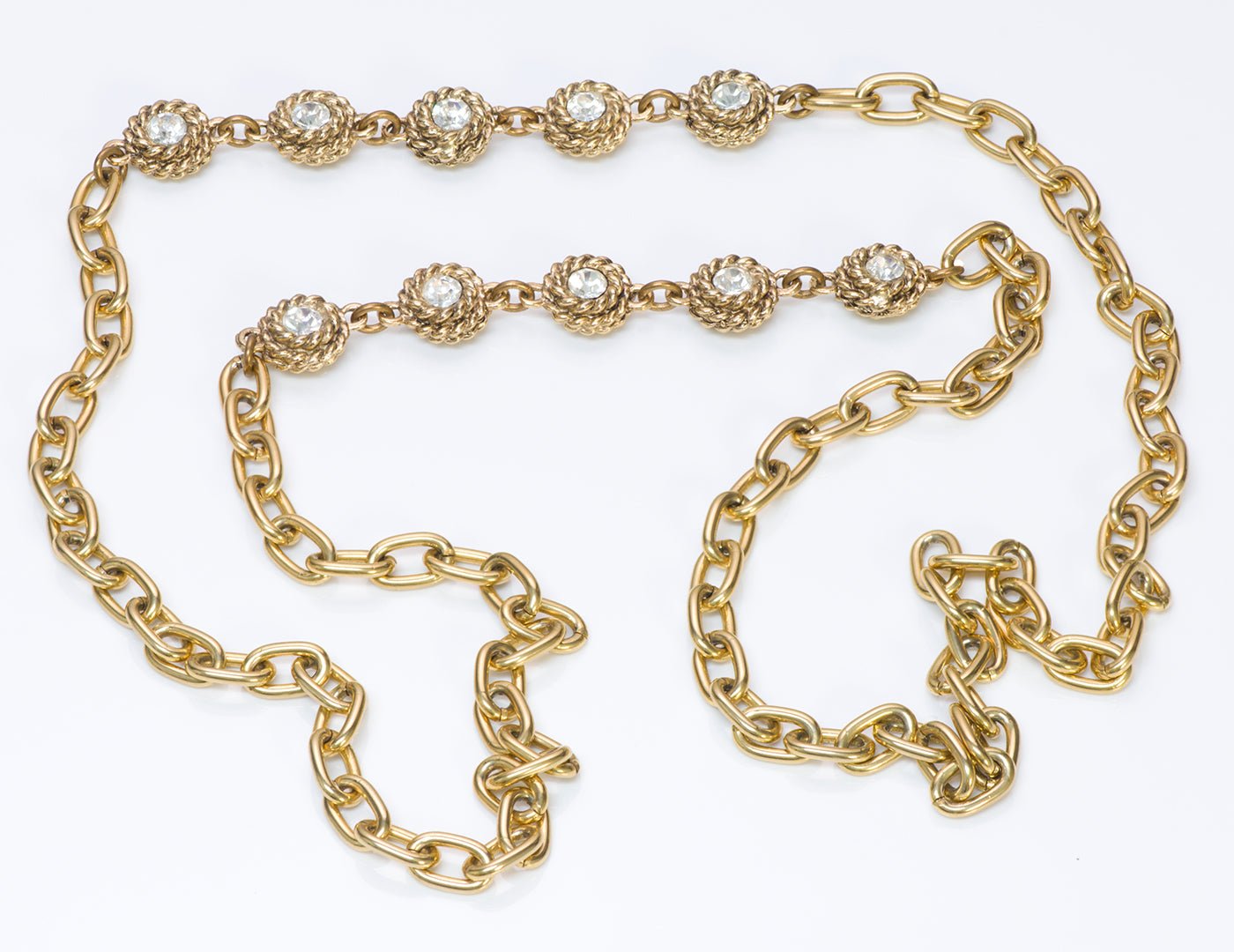 Chanel 1980’s Gold Tone Chain Camellia Crystal Necklace - DSF Antique Jewelry