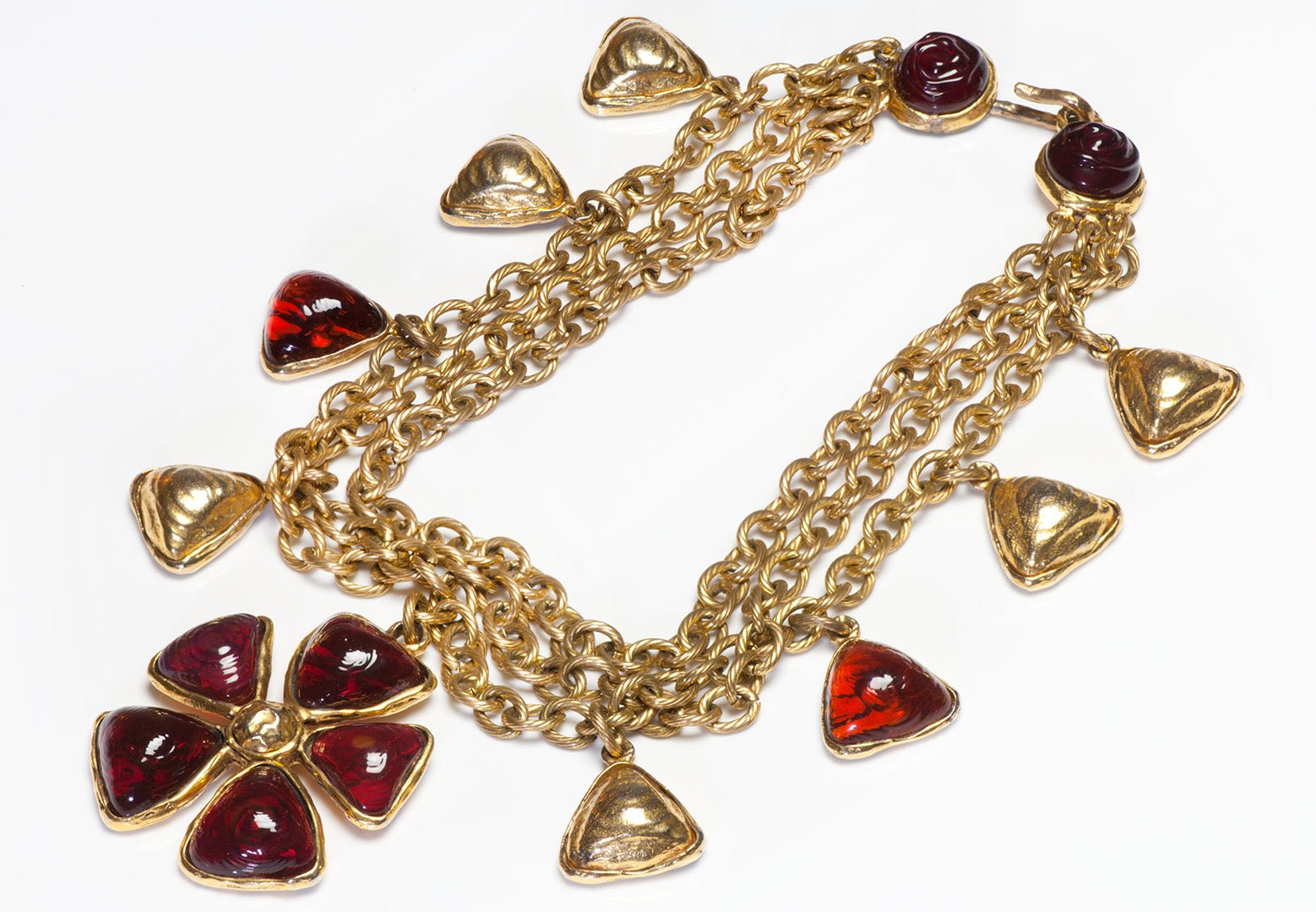 Chanel 1980’s Maison Gripoix Red Glass Camellia Flower Charm Chain Necklace