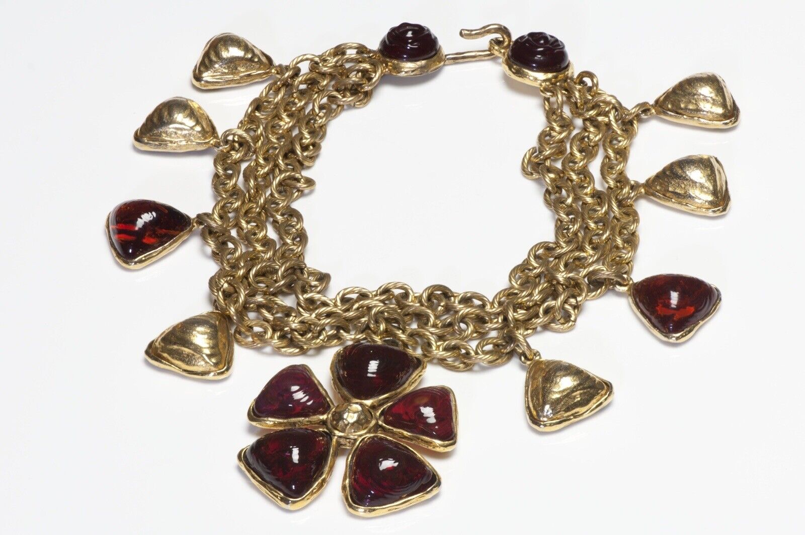 Chanel 1980’s Maison Gripoix Red Glass Camellia Flower Charm Chain Necklace - DSF Antique Jewelry