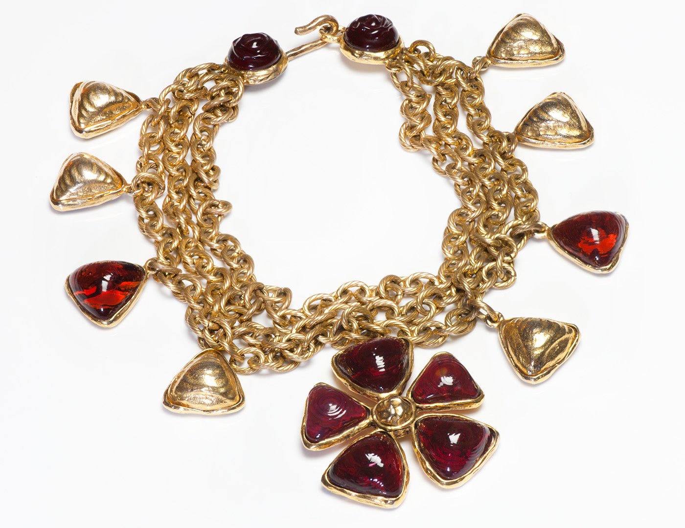 Chanel 1980’s Maison Gripoix Red Glass Camellia Flower Charm Chain Necklace - DSF Antique Jewelry