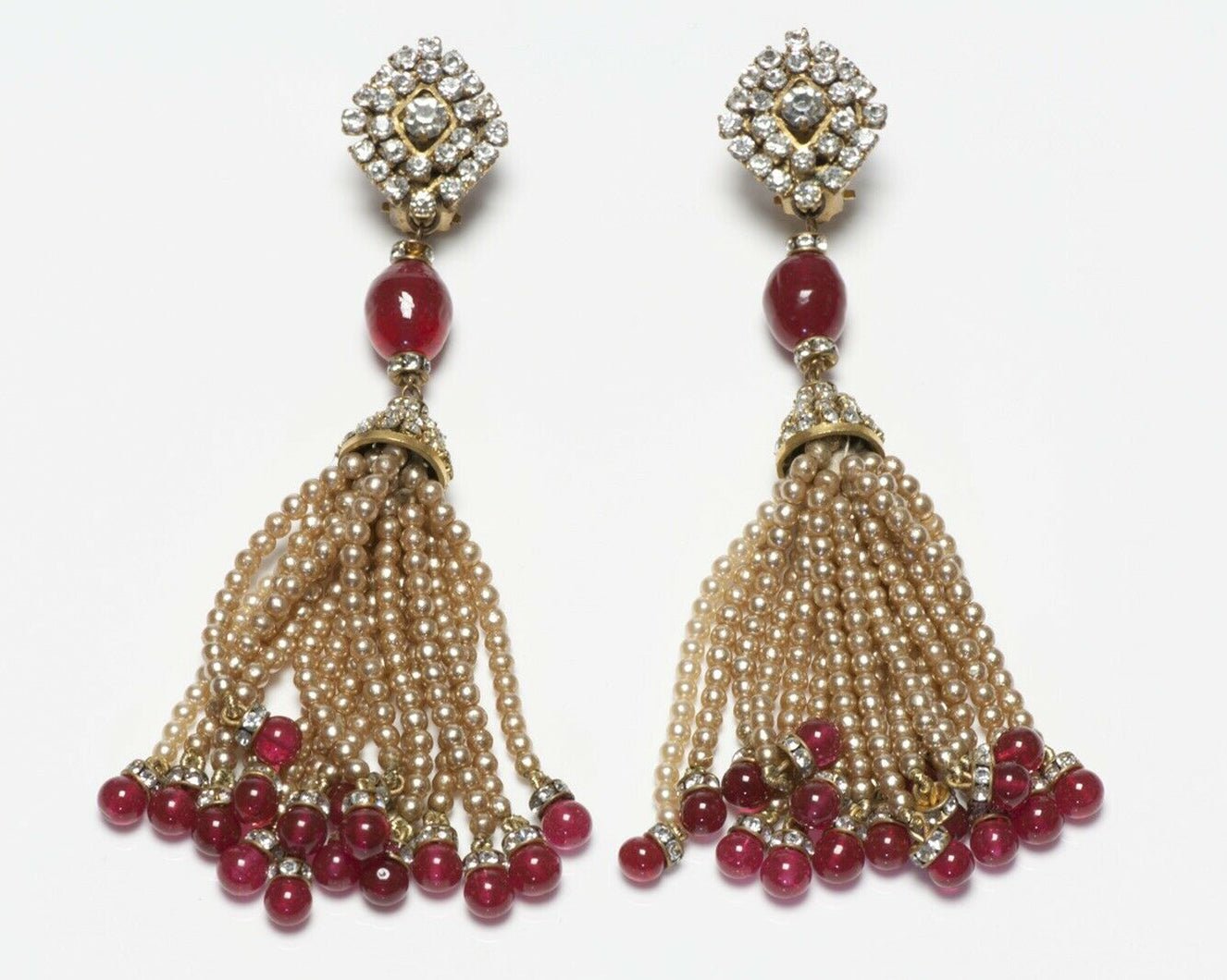 CHANEL 1983 Gripoix Long Pearl Tassel Red Glass Beads Earrings