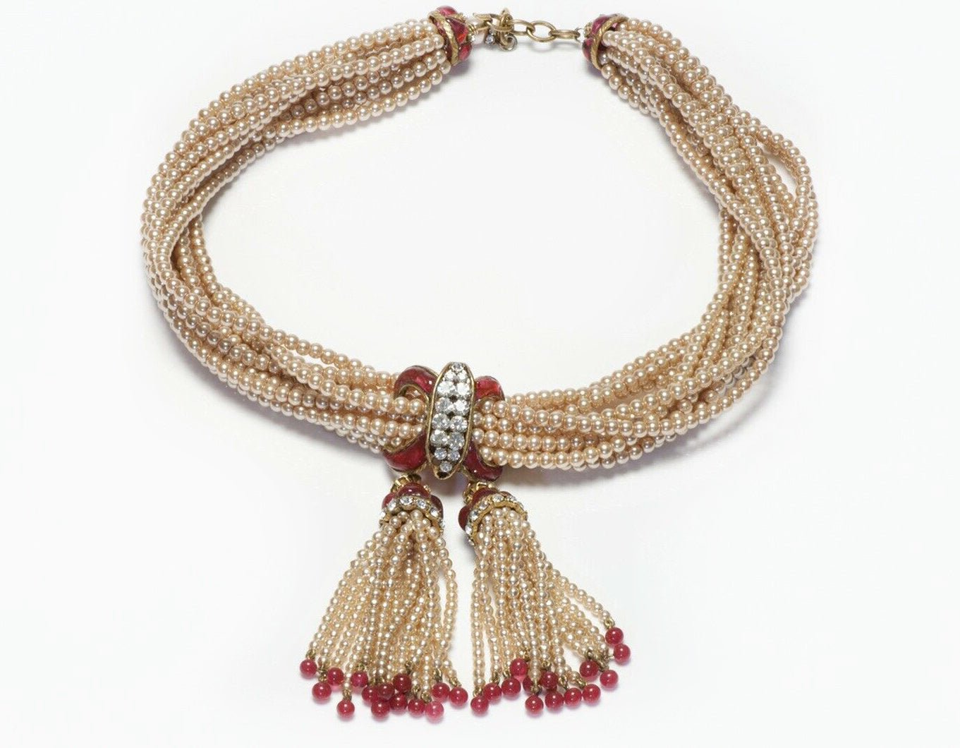 CHANEL 1983 Gripoix Pearl Red Glass Tassel Beads Necklace