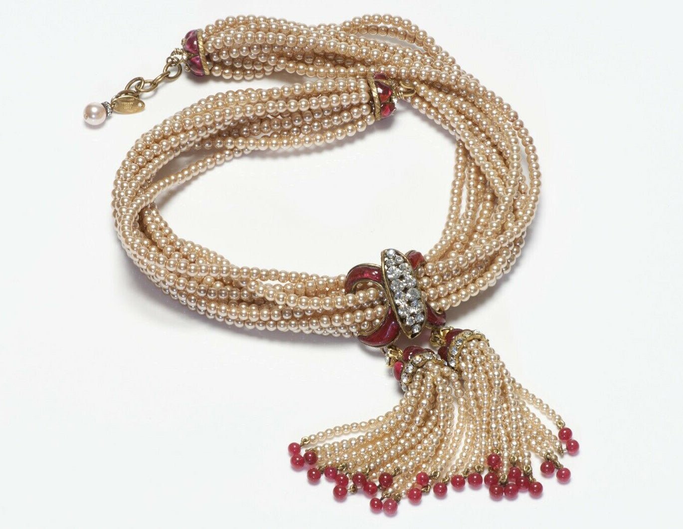 CHANEL 1983 Gripoix Pearl Red Glass Tassel Beads Necklace