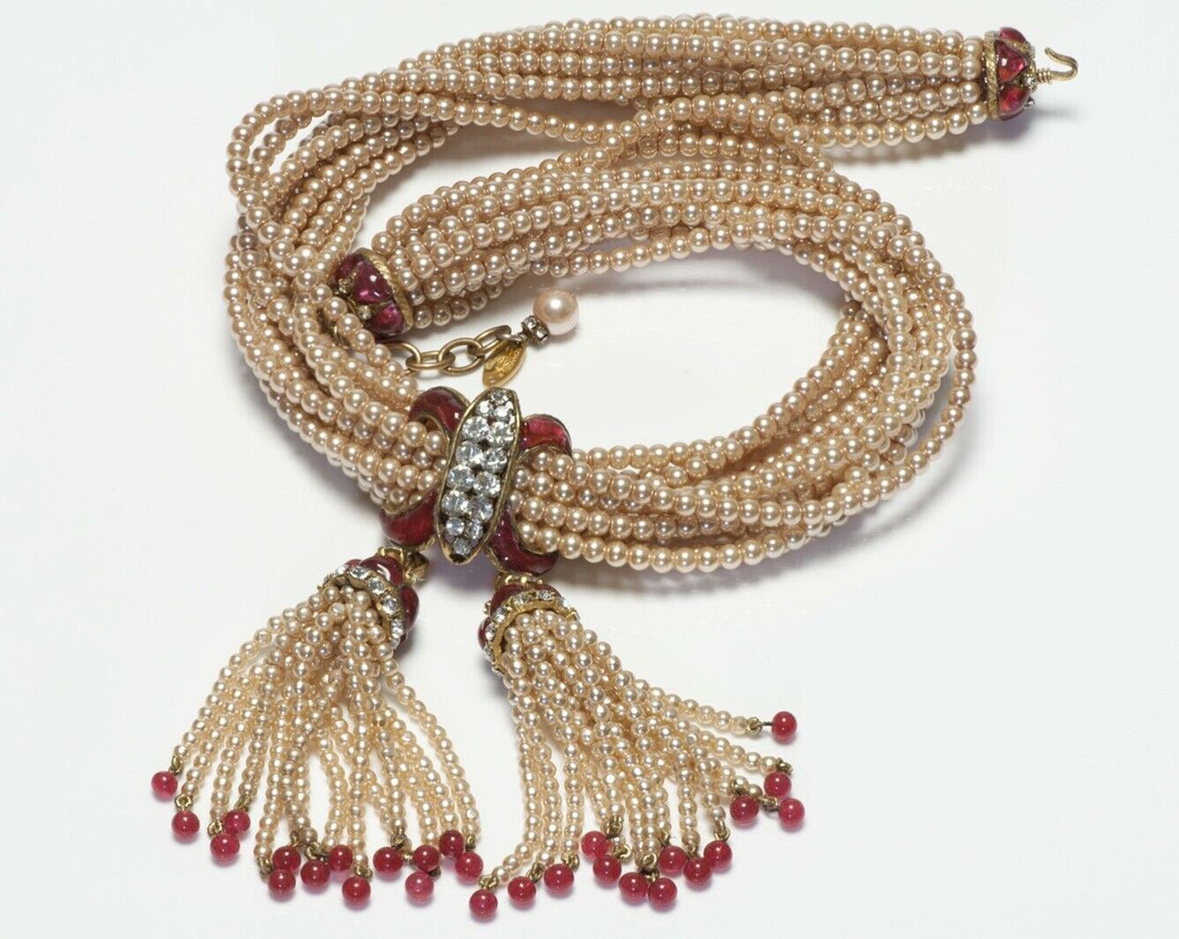 CHANEL 1983 Gripoix Pearl Red Glass Tassel Beads Necklace