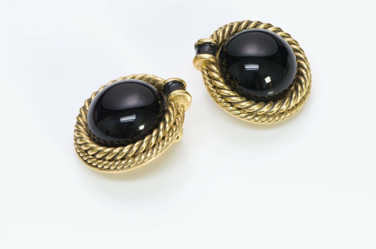CHANEL 1984 Maison Gripoix Black Cabochon Glass Rope Earrings - DSF Antique Jewelry