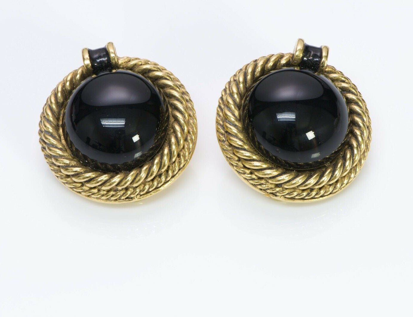 CHANEL 1984 Maison Gripoix Black Cabochon Glass Rope Earrings