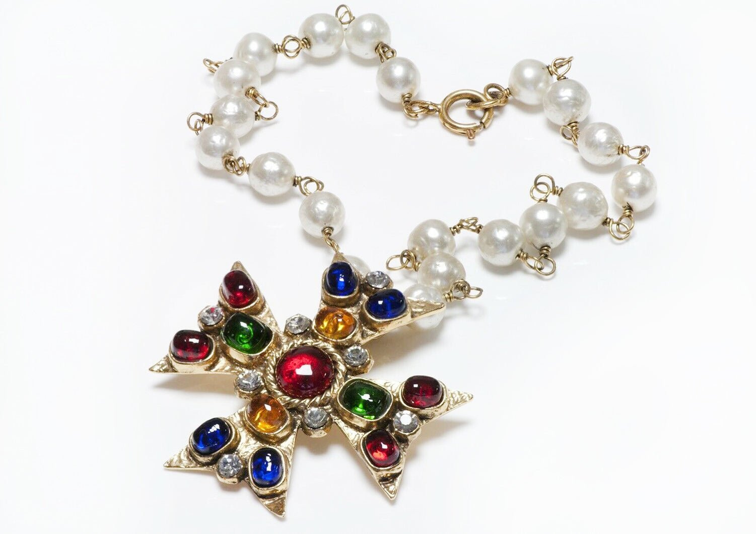 CHANEL 1985 Gripoix Glass Maltese Cross Pearl Necklace