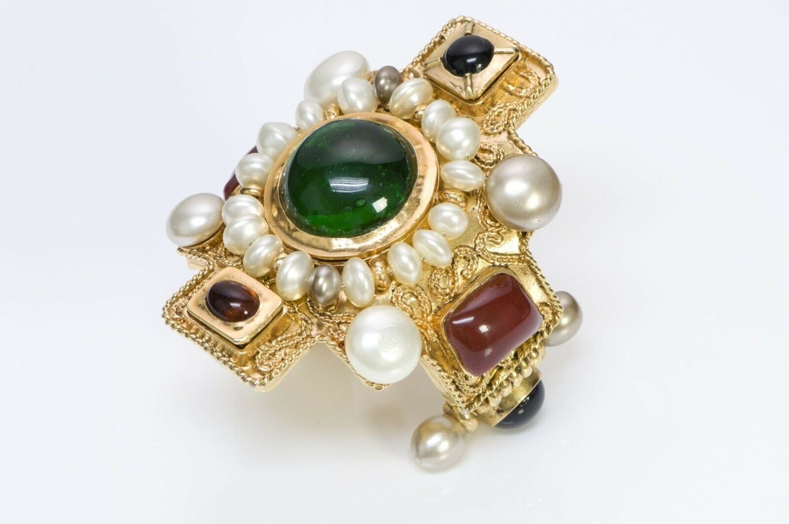 CHANEL 1990-91 Maison Gripoix Glass Byzantine Style Pearl Cross Cuff Bracelet