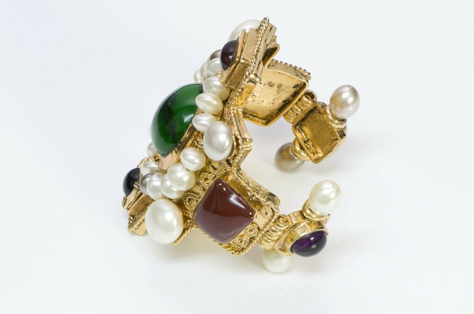 CHANEL 1990-91 Maison Gripoix Glass Byzantine Style Pearl Cross Cuff Bracelet - DSF Antique Jewelry